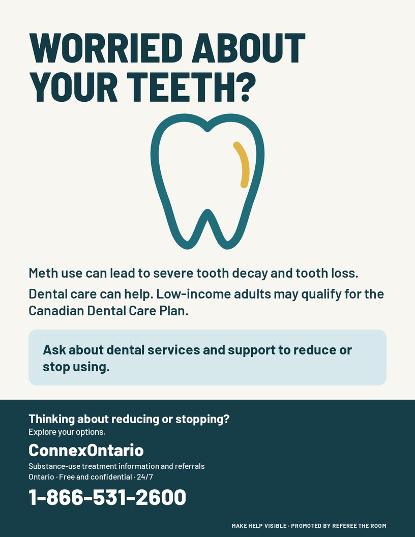 Poster: Worried about your teeth? A tooth icon, a note that meth use can lead to severe tooth decay, and the help line.